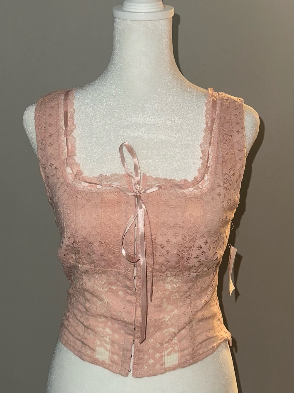 Sheer Lace Tie-Front Crop Top - Dusty Pink